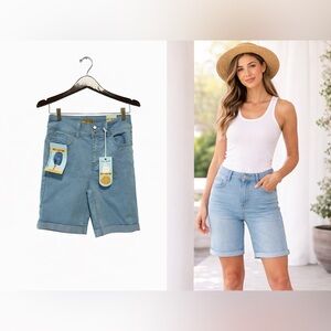 Wax Jean Light Wash Denim Bermuda Shorts | Mid-Rise Cuffed Summer Jean Shorts L